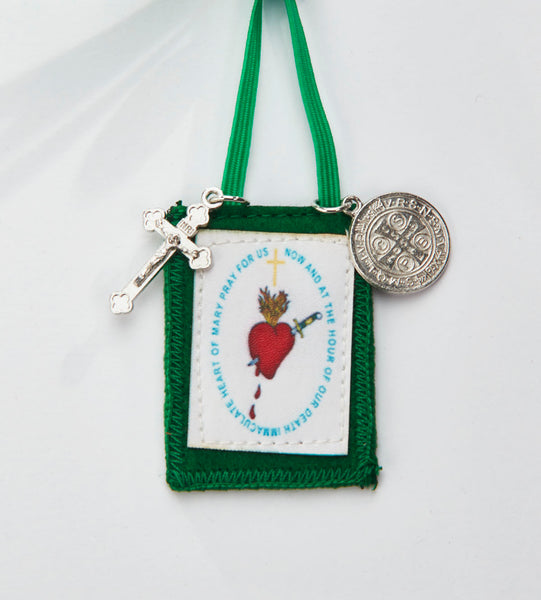 FOR THE IMMACULATE HEART TRIUMPH Immaculate Heart Hug Green Scapular Pillow 14 x 14 with green scapular as well
